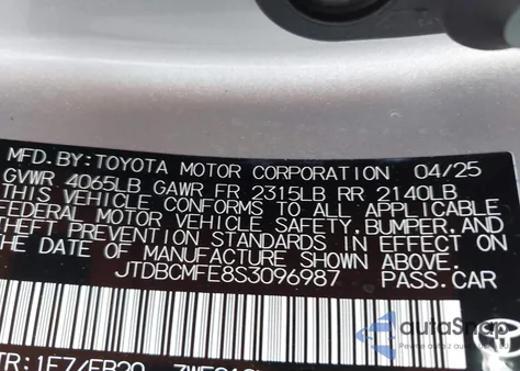 2025 Toyota Corolla Hybrid Le from USA, damaged, VIN JTDBCMFE8S3096987